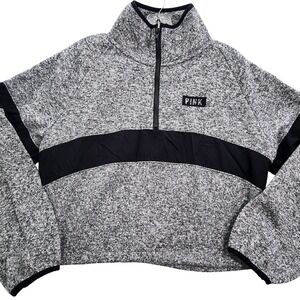 PINK Victoria's Secret Crop Sweatshirt Size Medium Gray Knit Half Zip Drawstring